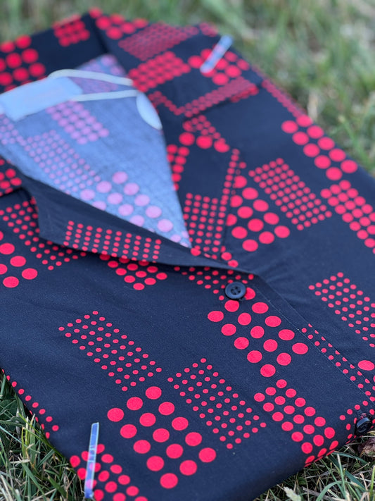 Serene Thread’s Iconico Metro linen button-up in black with bold red geometric print