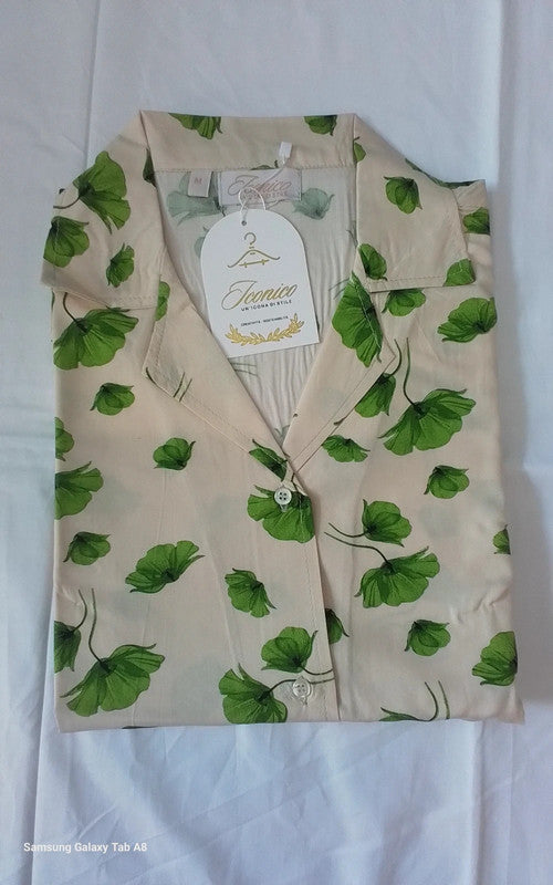 Ginkgo Button-Up in Spring Leaf Linen Pyjama Set