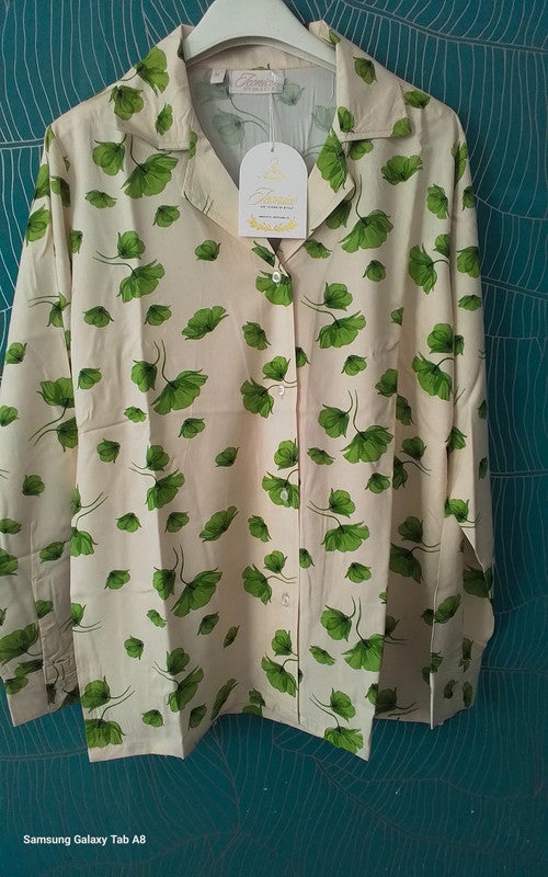 Ginkgo Button-Up in Spring Leaf Linen Pyjama Set