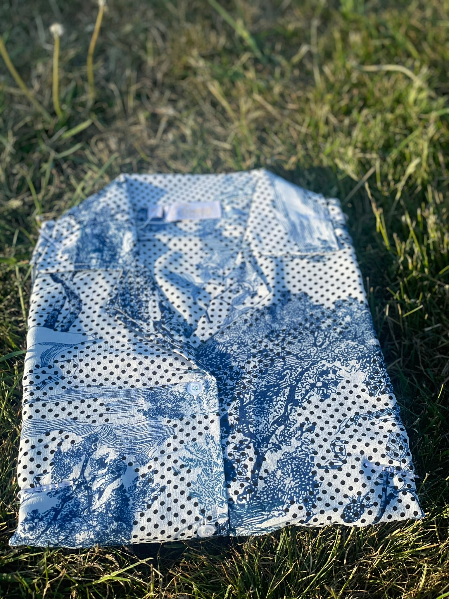 Iconico Porcelain button-up dress in delft blue floral print on dotted white linen