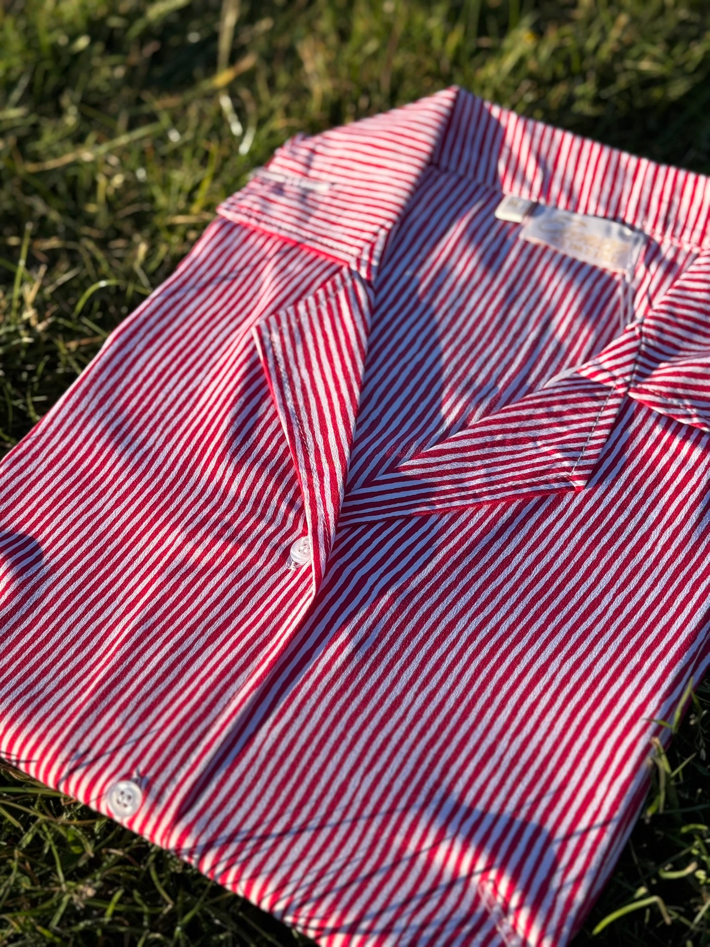 Iconico Stripes button-up dress in candy red and white stripes