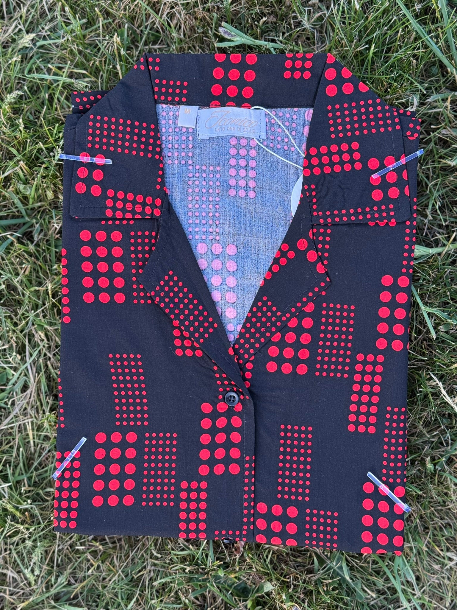 Structured black linen shirt dress with red geometric accents – Iconico Metro from Serene Thread