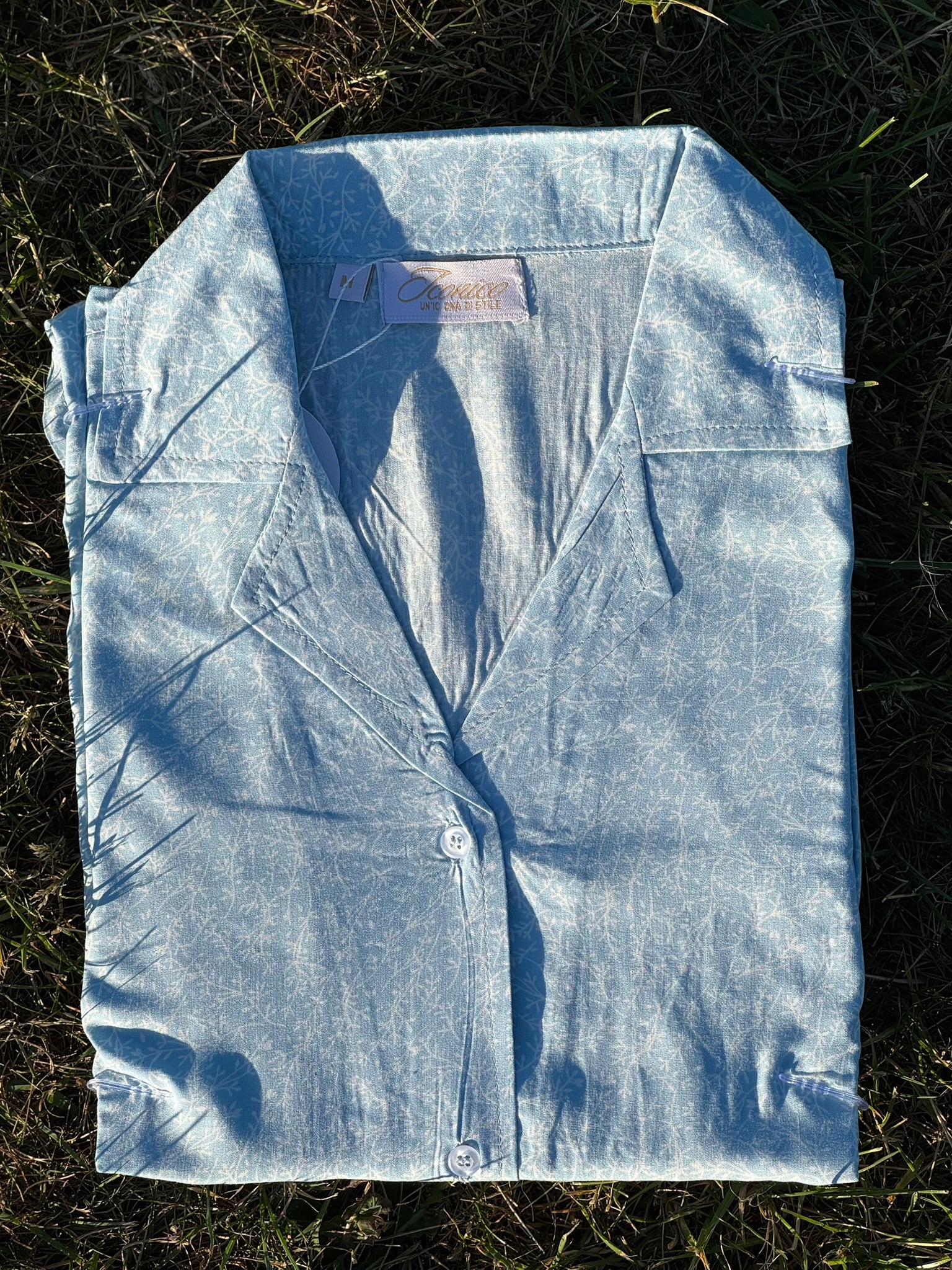 Airy sky blue button-up dress with delicate white branches – Serene Thread’s Iconico Whisper