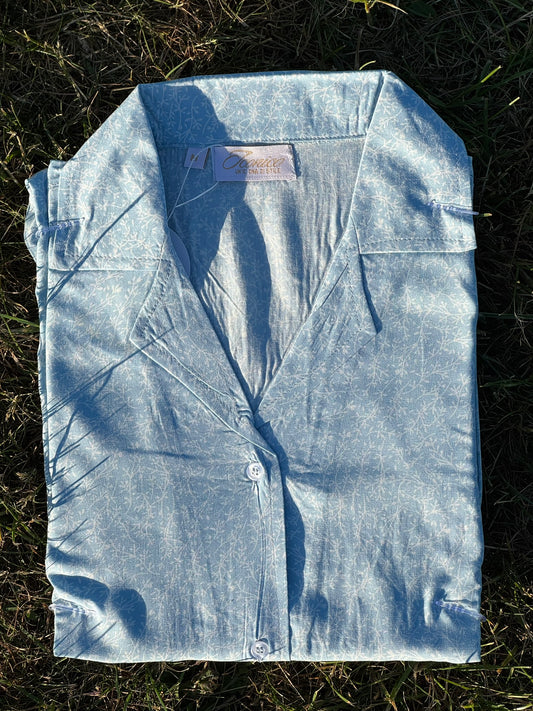 Airy sky blue button-up dress with delicate white branches – Serene Thread’s Iconico Whisper